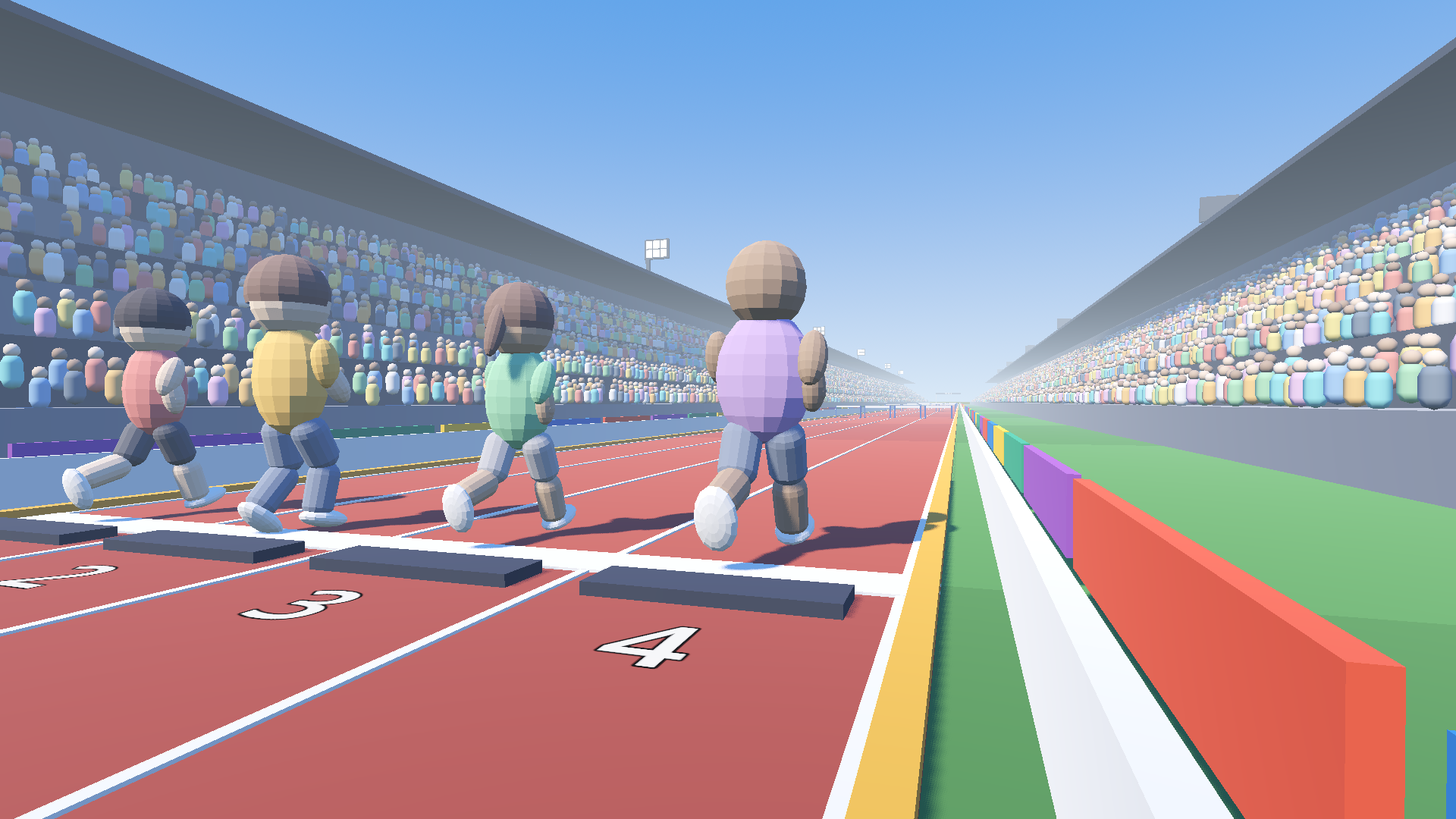 Hurdle Dash — a four-lane stadium race mid-sprint, crowd packed into the stands